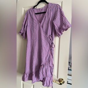 GAP 100% cotton pink & blue Striped Linen True Wrap Dress - Size XL 3/4 sleeve
